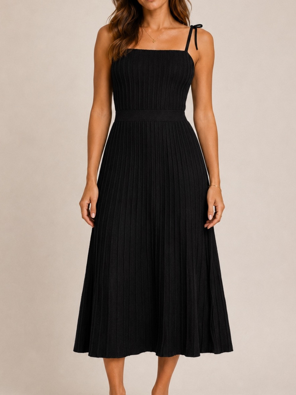 Sleek Black Ribbed Knit Midi Dress